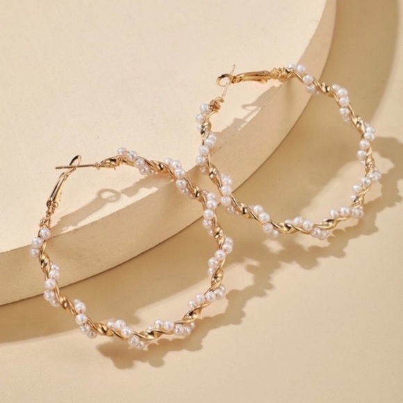 5 for $25 Elegant 14k Gold Plated and Pearl Hoop Earrings - Picture 2 of 4